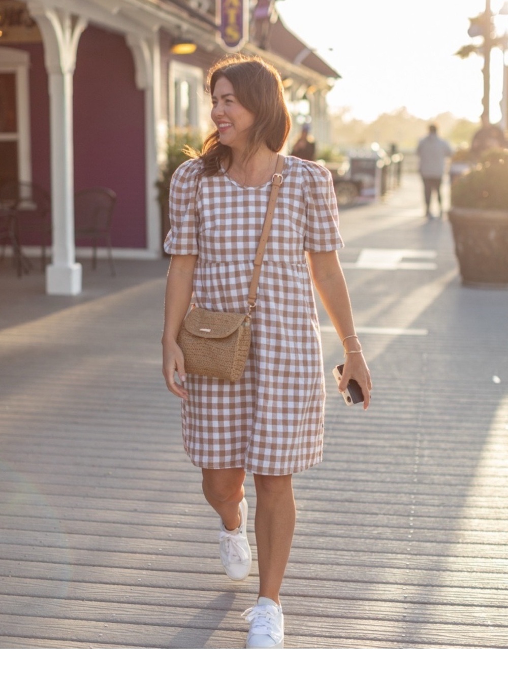 Checked Puff-Sleeve Midi Dress in Brown and White